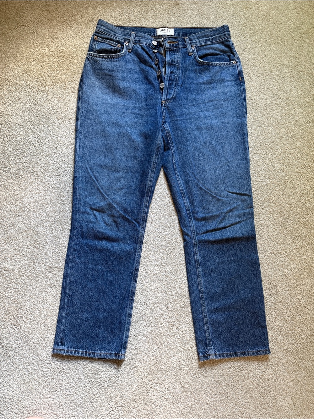 Agolde Riley crop Button-Fly Straight-Leg Jeans in Dark Indigo, size 28
